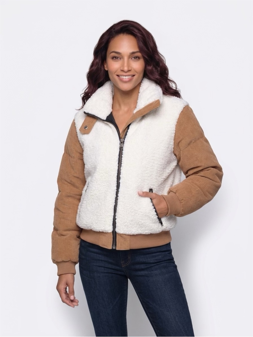 Stoosh Two-Tone Teddy Bomber Jacket in Cream and Tan NWT small